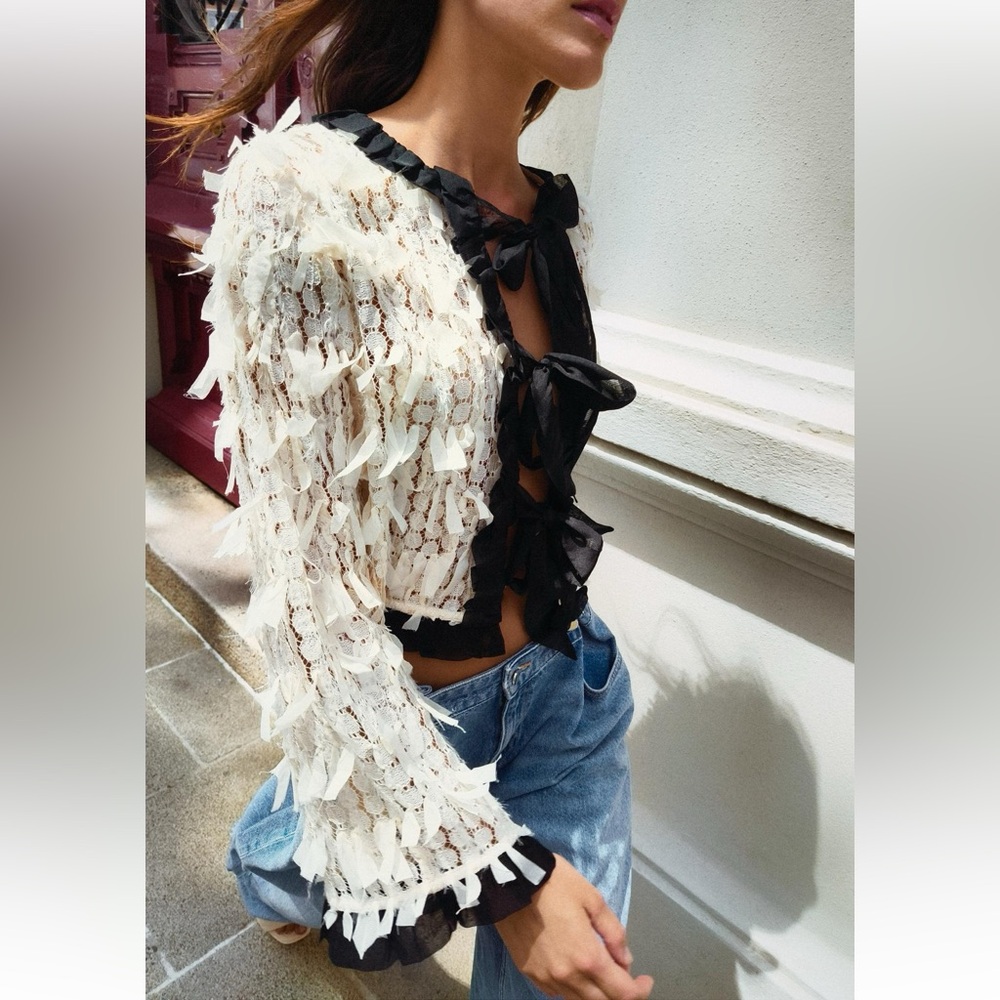 ZARA CONTRASTING FRINGED CARDIGAN